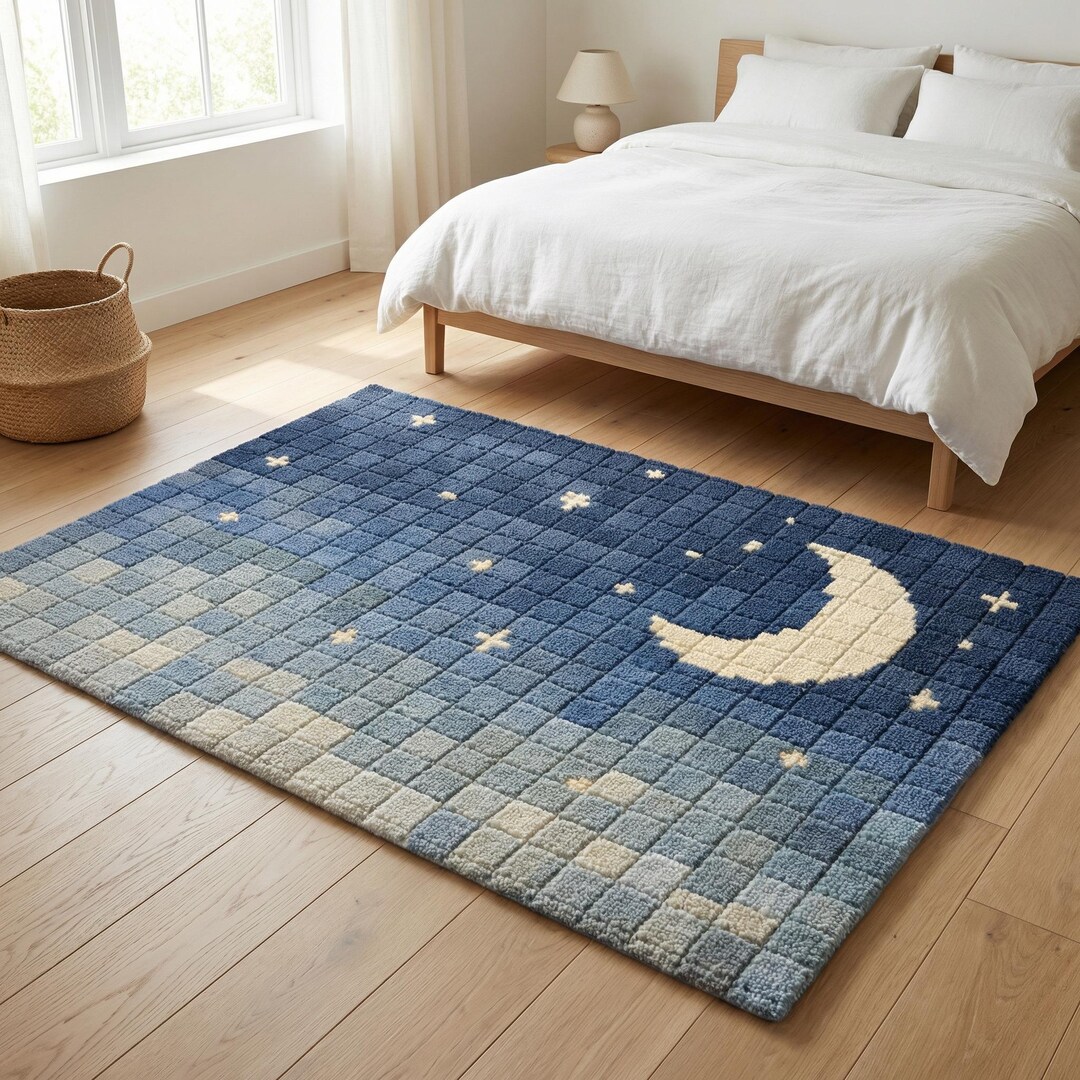 Pixel Moon Night Sky Rug – Hand Tufted Wool Celestial Star Rug - Etsy