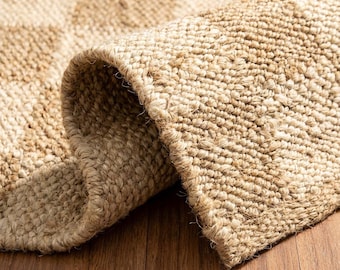Handwoven Jute Rug | Checkered Natural Decor, Boho Farmhouse Living Room Carpet
