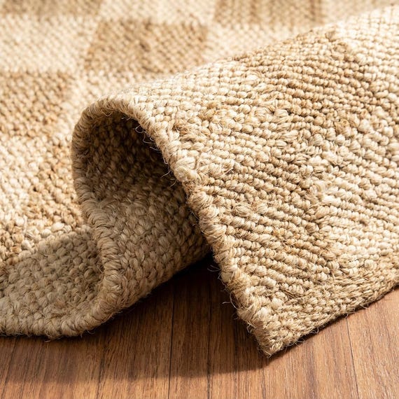 Handwoven Jute Rug | Checkered Natural Decor, Boho Farmhouse Living Room Carpet