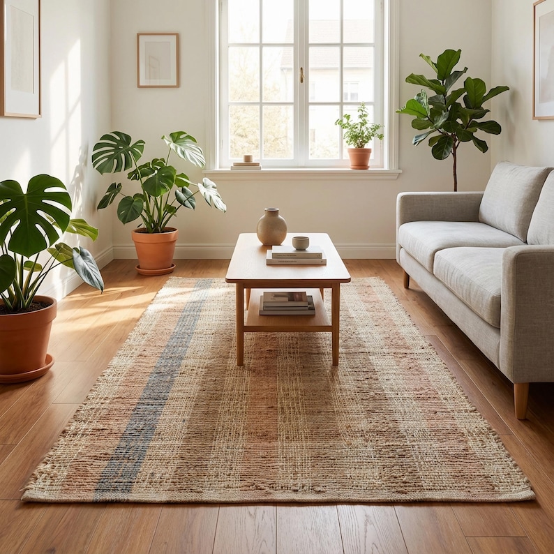 Striped Jute Rug | Handwoven Natural Decor | Neutral Floor Accent image 2