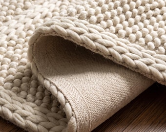 Handwoven Chunky Wool Area Rug, Ivory Textured Modern Carpet