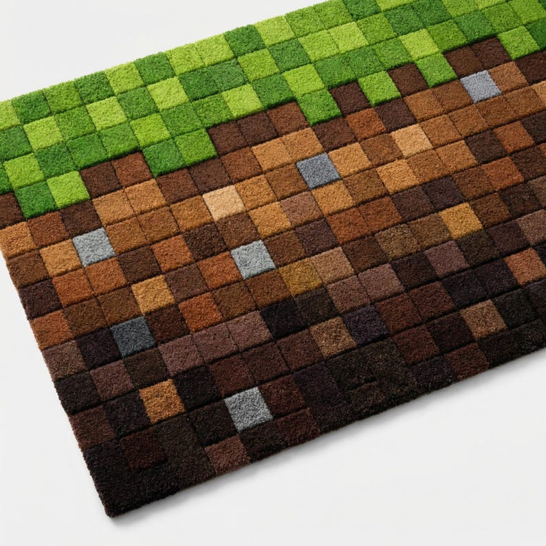 May include: A rectangular doormat with a pixelated design. The top portion is green, transitioning to shades of brown and gray, resembling a block of earth and grass. The mat is made of a textured material.