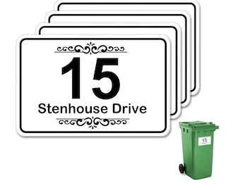 4 x Personalised Wheelie Bin Number Stickers 10cmx15cm Self Adhesive Customised with House Number Street Name Waterproof and Weatherproof