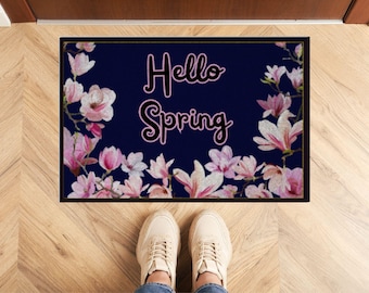Felpudo personalizado - Hola Primavera – Felpudo atrapapolvo con diseño de flor de magnolia, disponible en varios colores y 3 tamaños.