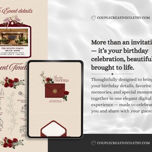 Pu&ograve; includere: Un invito di compleanno digitale con una busta rossa, un sigillo di ceralacca e rose rosse. Il layout include i dettagli dell'evento presso The Westin Tokyo, una cronologia con icone floreali e il testo, More than an invitation.