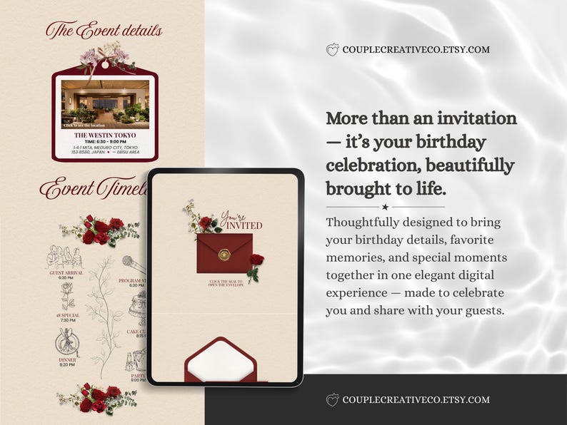 Pu&ograve; includere: Un invito di compleanno digitale con una busta rossa, un sigillo di ceralacca e rose rosse. Il layout include i dettagli dell'evento presso The Westin Tokyo, una cronologia con icone floreali e il testo, More than an invitation.