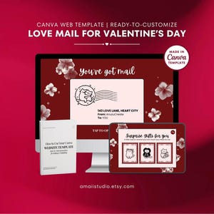 Plantilla de sitio web de Love Mail para San Valentín para parejas con música, editable en Canva, como carta de amor digital de recuerdo.