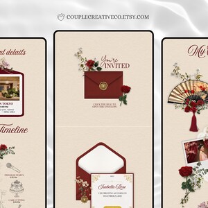 Pu&ograve; includere: Un set di partecipazioni di nozze digitali con tre pannelli su sfondo color crema, buste rosso scuro, sigilli in ceralacca dorati, rose rosse e dettagli floreali bianchi. Il testo include The Event details, You're INVITED, Event Timeline e My Story.