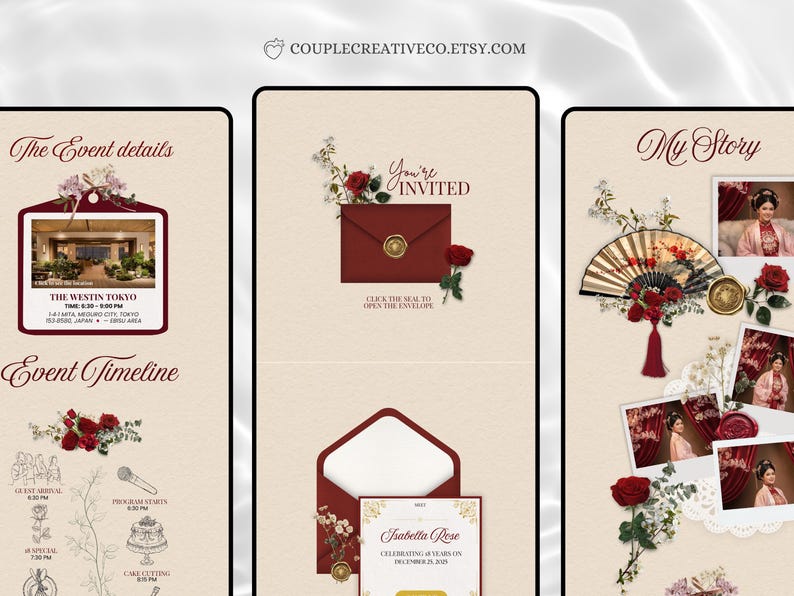 Pu&ograve; includere: Un set di partecipazioni di nozze digitali con tre pannelli su sfondo color crema, buste rosso scuro, sigilli in ceralacca dorati, rose rosse e dettagli floreali bianchi. Il testo include The Event details, You're INVITED, Event Timeline e My Story.
