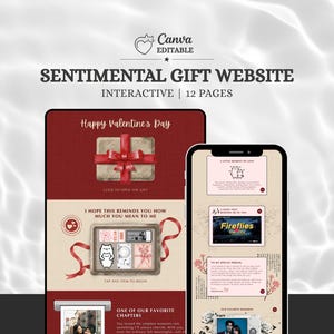 Puede incluir: Una plantilla digital para un sitio web interactivo de regalos sentimentales de 12 páginas, editable en Canva. El diseño presenta una paleta de colores rojo oscuro y crema con gráficos de regalos, cintas y texto que incluye Happy Valentine's Day.