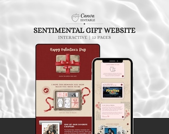 Puede incluir: Una plantilla digital para un sitio web interactivo de regalos sentimentales de 12 páginas, editable en Canva. El diseño presenta una paleta de colores rojo oscuro y crema con gráficos de regalos, cintas y texto que incluye Happy Valentine's Day.