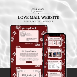 Può includere: Un modello di sito web interattivo digitale di nove pagine con uno sfondo rosso scuro e un motivo floreale rosa chiaro. Il design include un'intestazione "Love Mail Website", una grafica a busta con il testo "You've got mail" e varie sezioni.