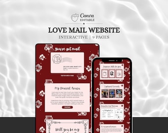 Puede incluir: Una plantilla de sitio web interactivo digital de nueve páginas con un fondo rojo oscuro y un patrón floral rosa claro. El diseño incluye un encabezado "Love Mail Website", un gráfico de sobre con el texto "You've got mail" y varias secciones.