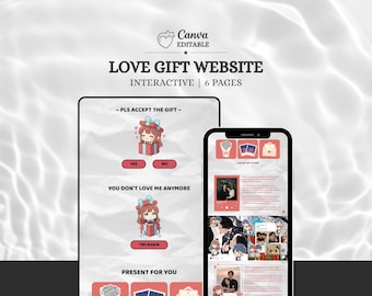 Puede incluir: Una plantilla de sitio web interactivo para regalos de amor de seis páginas, editable en Canva. La interfaz presenta ilustraciones de personajes estilo chibi, cajas de regalo y marcadores de posición para fotos. Texto: LOVE GIFT WEBSITE, PLS ACCEPT THE GIFT.