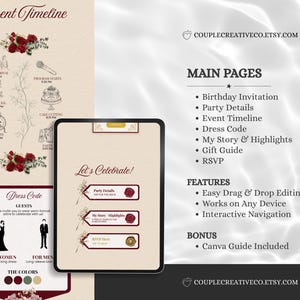 Pu&ograve; includere: Un modello di invito digitale per eventi visualizzato su uno schermo di tablet, con sfondo color crema e accenti di rose rosse. Il layout include una cronologia dell'evento, un codice di abbigliamento e pulsanti di navigazione interattivi.