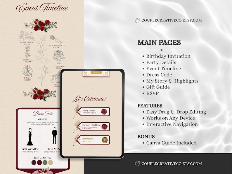 Pu&ograve; includere: Un modello di invito digitale per eventi visualizzato su uno schermo di tablet, con sfondo color crema e accenti di rose rosse. Il layout include una cronologia dell'evento, un codice di abbigliamento e pulsanti di navigazione interattivi.