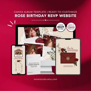 Op de afbeelding: Een digitale weergave van een Rose Birthday RSVP Website-sjabloon, met een telefoon, computer en tablet die het ontwerp tonen. Het ontwerp bevat afbeeldingen van een vrouw, rozen en de tekst "You're Invited". De achtergrond is dieprood.