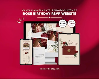 Rose RSVP Birthday Website Template Editable Canva Birthday Invitation Website Floral Digital Invite