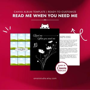 Puede incluir: Una plantilla de álbum digital de Canva con fondo rojo. La plantilla incluye un tablero de visión, una página negra con ilustraciones florales blancas y el texto "Read me When you need me", y una página con el texto "Whispered Thoughts Across the Distance".