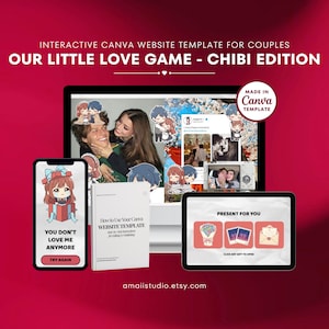 Könnte beinhalten: Eine digitale Produktanzeige mit dem Text "OUR LITTLE LOVE GAME - CHIBI EDITION". Das Bild enthält einen Laptop, ein Smartphone, ein Tablet und ein Buch. Das Smartphone zeigt eine Cartoonfigur und den Text "YOU DON'T LOVE ME ANYMORE". Das Tablet zeigt eine Geschenkbox.