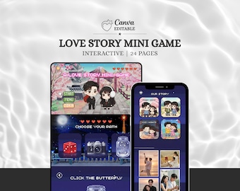 Puede incluir: Una plantilla digital de Love Story Mini Game de 24 páginas, con personajes de pixel art interactivos, un menú de inicio y pantallas de selección de ruta. La interfaz muestra texto que incluye Love Story Mini Game, Interactive, 24 Pages y Click the Butterfly.