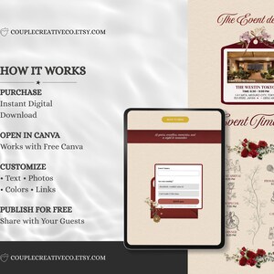 Pu&ograve; includere: Un modello di invito digitale per eventi visualizzato su uno schermo di tablet, con una combinazione di colori bordeaux e crema e accenti floreali. Il testo include 'HOW IT WORKS', 'The Event details' e 'Event Timeline' con icone di microfono, torta e champagne.