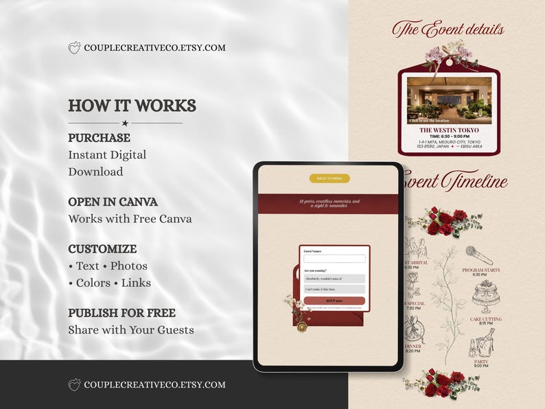 Pu&ograve; includere: Un modello di invito digitale per eventi visualizzato su uno schermo di tablet, con una combinazione di colori bordeaux e crema e accenti floreali. Il testo include 'HOW IT WORKS', 'The Event details' e 'Event Timeline' con icone di microfono, torta e champagne.