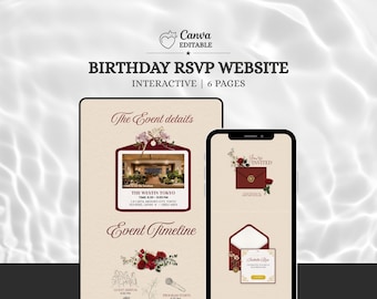 Puede incluir: Una plantilla de sitio web interactivo para confirmaciones de cumpleaños con seis páginas, fondo crema, detalles en rojo oscuro e ilustraciones florales. La interfaz muestra detalles del evento, una línea de tiempo y gráficos de invitación con texto como "The Event details", "Event Timeline" y "You're INVITED".