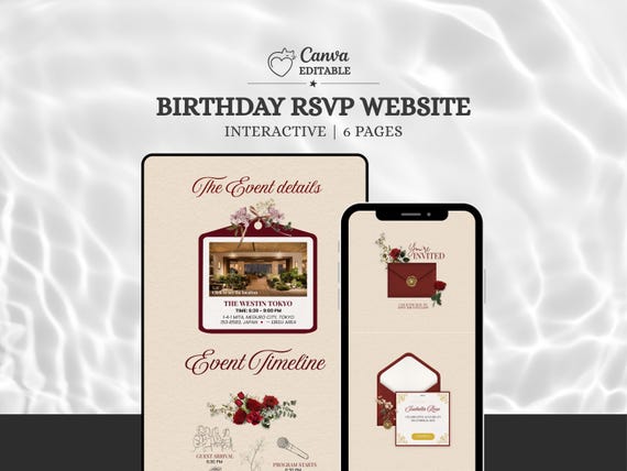 Birthday Web Invitation Editable RSVP Website Birthday Invite Event Details Timeline Dress Code My Story Gift Guide Canva Template DIY