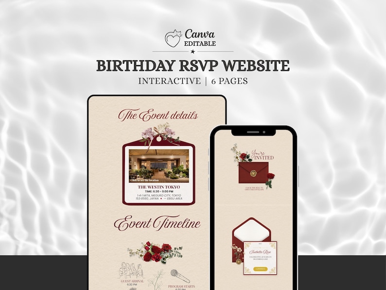 Pu&ograve; includere: Un modello di sito web interattivo per RSVP di compleanno con sei pagine, sfondo color crema, accenti rosso scuro e illustrazioni floreali. L'interfaccia mostra i dettagli dell'evento, una cronologia e grafiche di invito con testo tra cui "The Event details", "Event Timeline" e "You're INVITED".