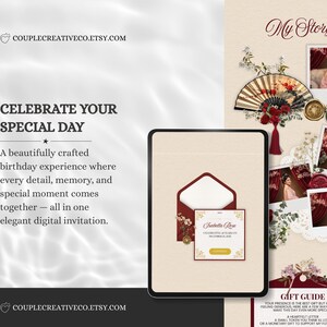 Pu&ograve; includere: Un invito di compleanno digitale con il testo CELEBRATE YOUR SPECIAL DAY, un tablet che mostra un invito per Isabella Rose, un ventaglio, rose rosse e quattro foto di una persona in abiti tradizionali su uno sfondo color beige.