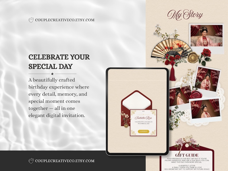 Pu&ograve; includere: Un invito di compleanno digitale con il testo CELEBRATE YOUR SPECIAL DAY, un tablet che mostra un invito per Isabella Rose, un ventaglio, rose rosse e quattro foto di una persona in abiti tradizionali su uno sfondo color beige.