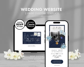 Wedding Website Template Canva Editable RSVP With Music Digital Wedding Invite Navy Blue Elegant Website Instant Download