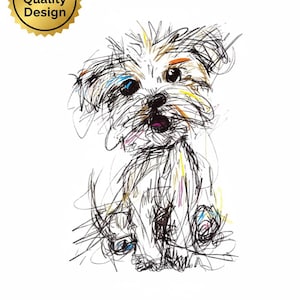 May include: A whimsical sketch of a small dog with a fluffy coat, rendered in a scribble style with black lines and colorful accents. The dog is sitting, with its tongue slightly out. The image includes a gold seal that says "High Quality Design" and the text "Instant Download".