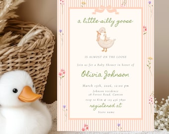 A Little Silly Goose Baby Shower Invitation | Pastel Striped Design | Editable Canva Template | Digital Invite