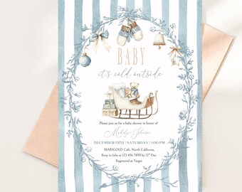 Szablon zaproszenia na baby shower „Baby It’s Cold Outside” | Niebieski miś, przytulne zimowe sanie, edytowalne, pastelowe, neutralne, boho, do druku