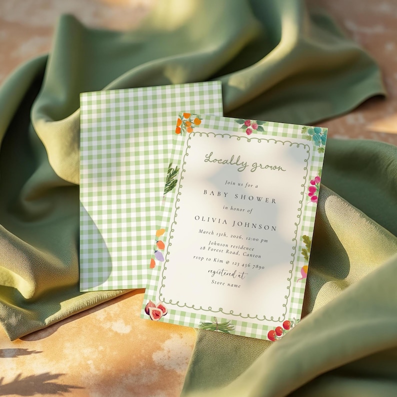 May include: Baby shower invitation with a green gingham pattern and floral accents. The invitation reads "Locally grown" and includes event details for Olivia Johnson's baby shower, such as the date, time, and location.