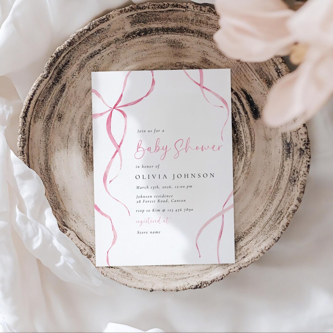 Watercolor Pink Bow Baby Shower Invitation | Baby Girl Shower Canva ...