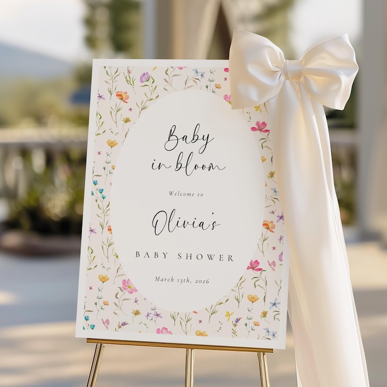 Zaproszenie na baby shower z motywem dzikich kwiatów „Baby in Bloom” | Edytowalne zaproszenie kwiatowe | Wiosenny baby shower w ogrodzie | Szablon Canva zdjęcie 13
