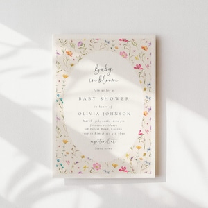 Może przedstawiać: Zaproszenie na baby shower z kwiatową obw&oacute;dką. Zaproszenie zawiera tekst "Baby in bloom" i szczeg&oacute;ły wydarzenia w eleganckiej czcionce. Projekt obejmuje kolorowe dzikie kwiaty i zieleń, tworząc delikatną estetykę.