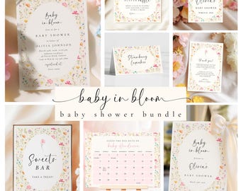 Puede incluir: Un conjunto de papelería para baby shower con diseños florales. Incluye invitaciones, una tarjeta de rifa de pañales, una etiqueta, una tarjeta de agradecimiento, un letrero de barra de dulces y un calendario. El texto "Baby in Bloom" es prominente.