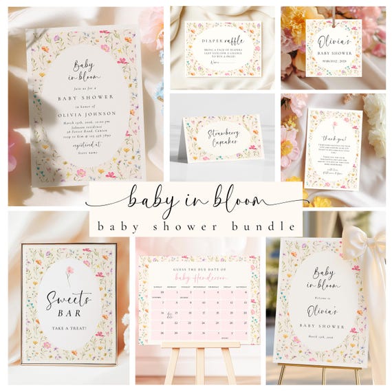 Baby in Bloom Wildflower Baby Shower BUNDLE | Floral Invite | Spring Garden Baby Shower Invite, Signs, Games  | Digital Canva Templates