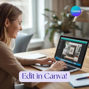 May include: A woman using a laptop computer with the Canva logo visible. The screen displays a design project. The text "Edit in Canva!" is overlaid on the image. A pen and notepad are on the desk.