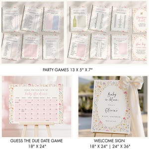 May include: A collection of baby shower party games and signs. The games are printed on white cardstock with floral borders. A calendar game is displayed on an easel, measuring 18" x 24". A welcome sign is also included, measuring 18" x 24" and 24" x 36".