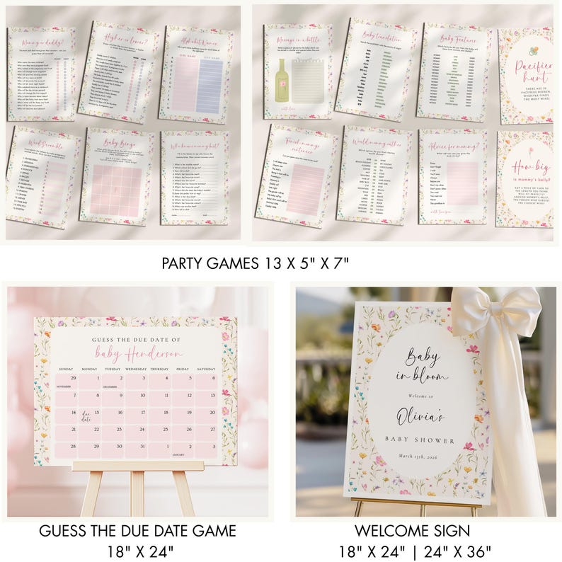 May include: A collection of baby shower party games and signs. The games are printed on white cardstock with floral borders. A calendar game is displayed on an easel, measuring 18" x 24". A welcome sign is also included, measuring 18" x 24" and 24" x 36".