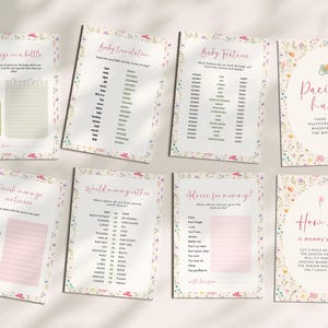 May include: A collection of baby shower game cards with floral borders. Games include "Message in a Bottle," "Baby Translation," "Baby Features," "Pacifier Hunt," "Finish Mommy's Sentences," "World Mommy Rather," "Advice for Mommy?" and "How Big is Mommy's Belly?"