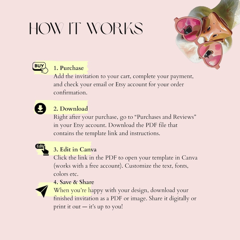 May include: A light pink graphic with the text "HOW IT WORKS" at the top. The steps include purchasing, downloading, editing in Canva, and saving and sharing. A cartoon duck wearing pink sunglasses is in the upper right corner.