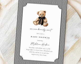 Eleganckie zaproszenie na baby shower z misiem | Edytowalny szablon w czarno-białe paski | Nowoczesne, neutralne pod względem płci