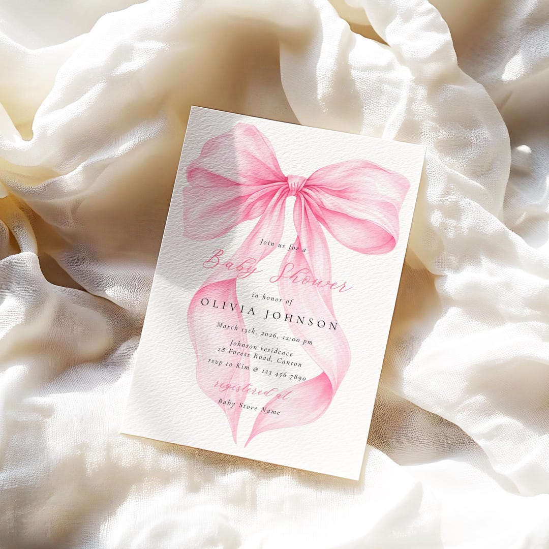 Watercolor Pink Bow Baby Shower Invitation | Baby Girl Shower Canva ...