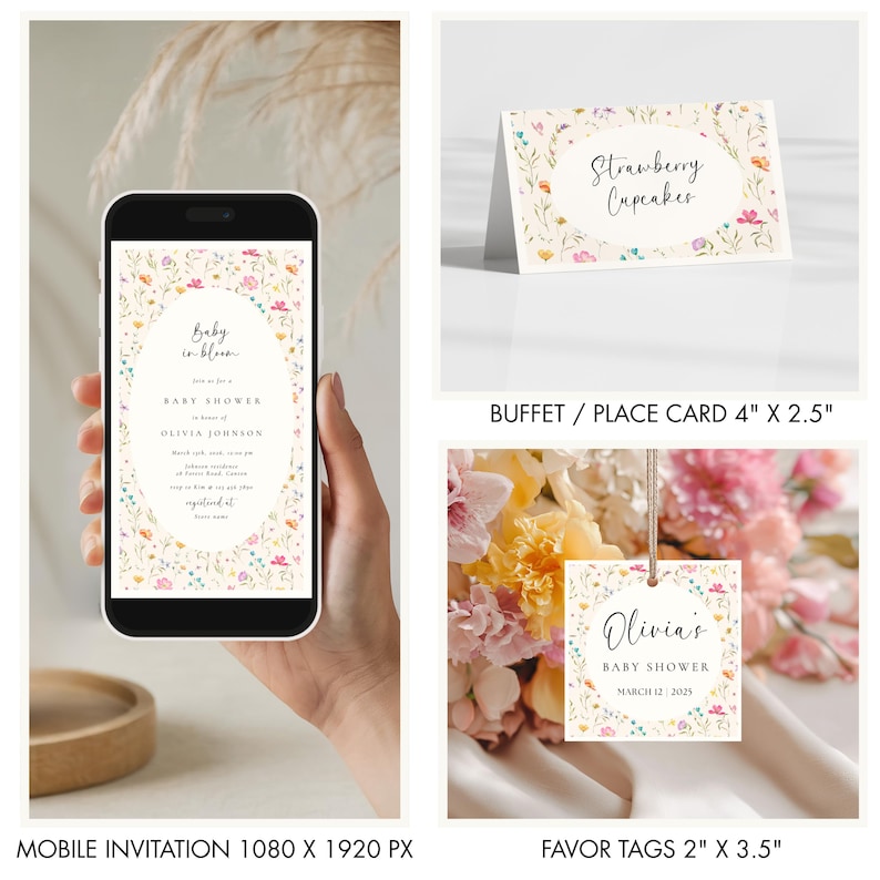 May include: A mobile invitation, buffet card, and favor tags with floral designs. The mobile invitation is 1080 x 1920 px. The buffet card is 4" x 2.5" and says "Strawberry Cupcakes". The favor tags are 2" x 3.5" and say "Olivia's BABY SHOWER MARCH 12 2025".